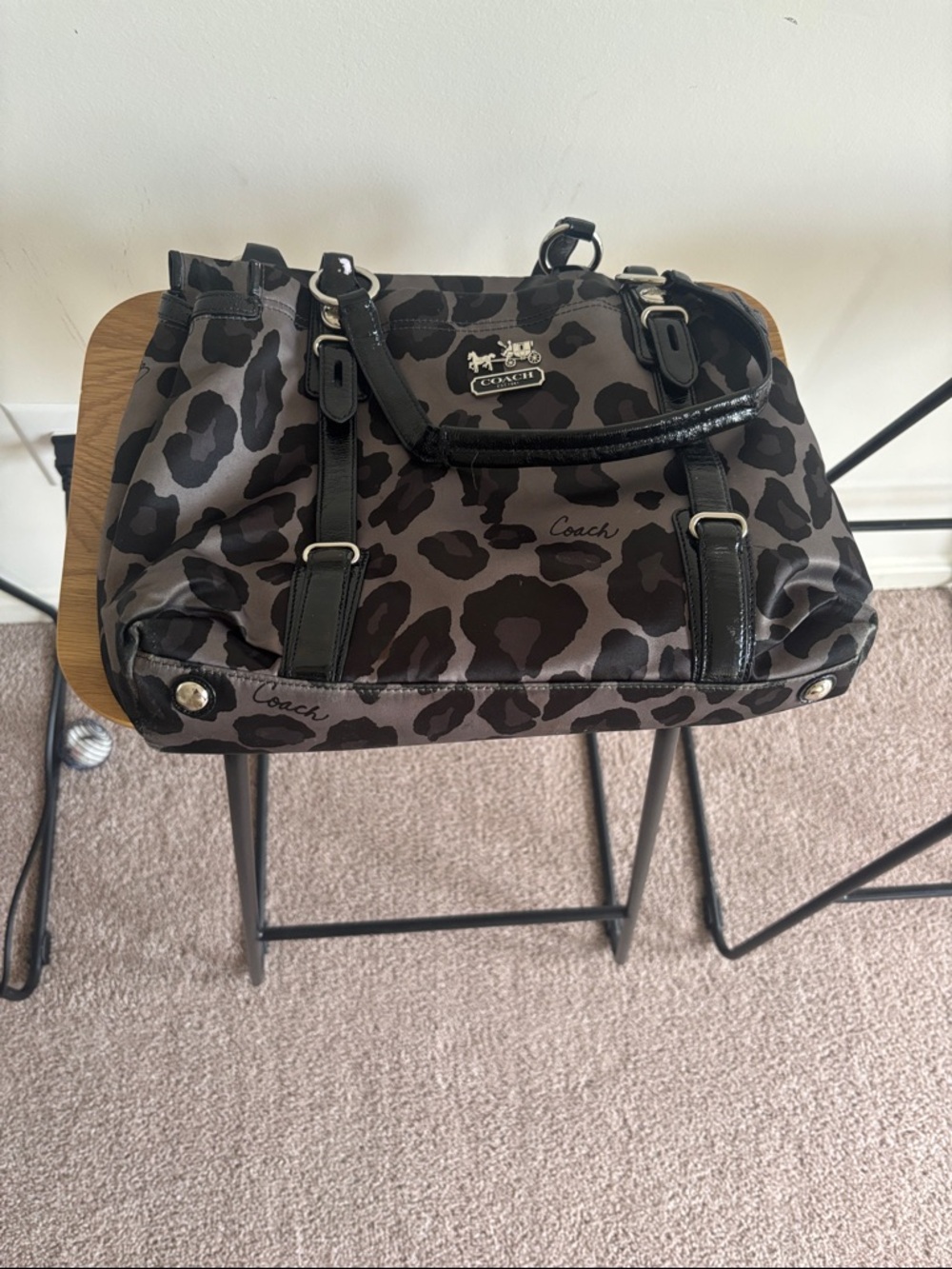 Coach Leopard-Print Shoulder Satchel in Black and Gray